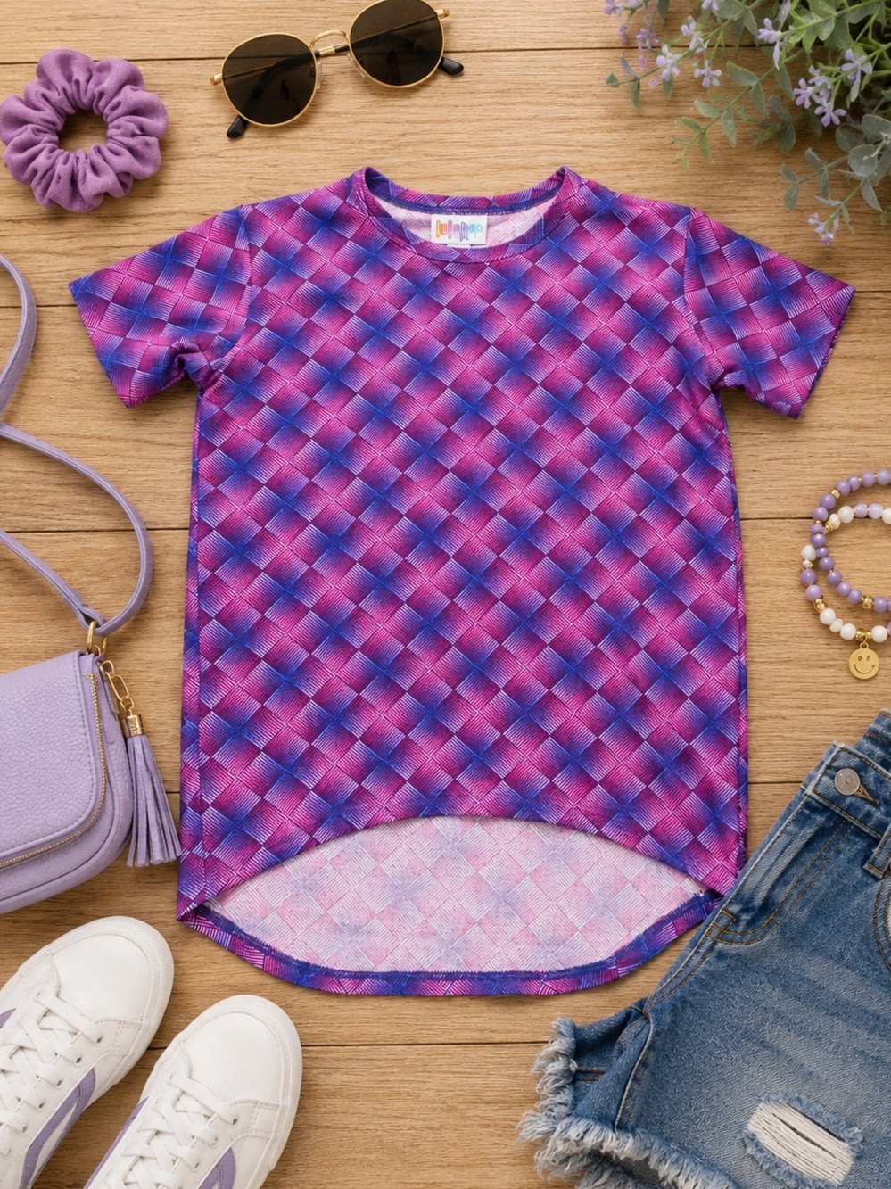LuLaRoe Gracie Girls Size 6 Pink Purple Blue Plaid Hi-Low Tunic Tee